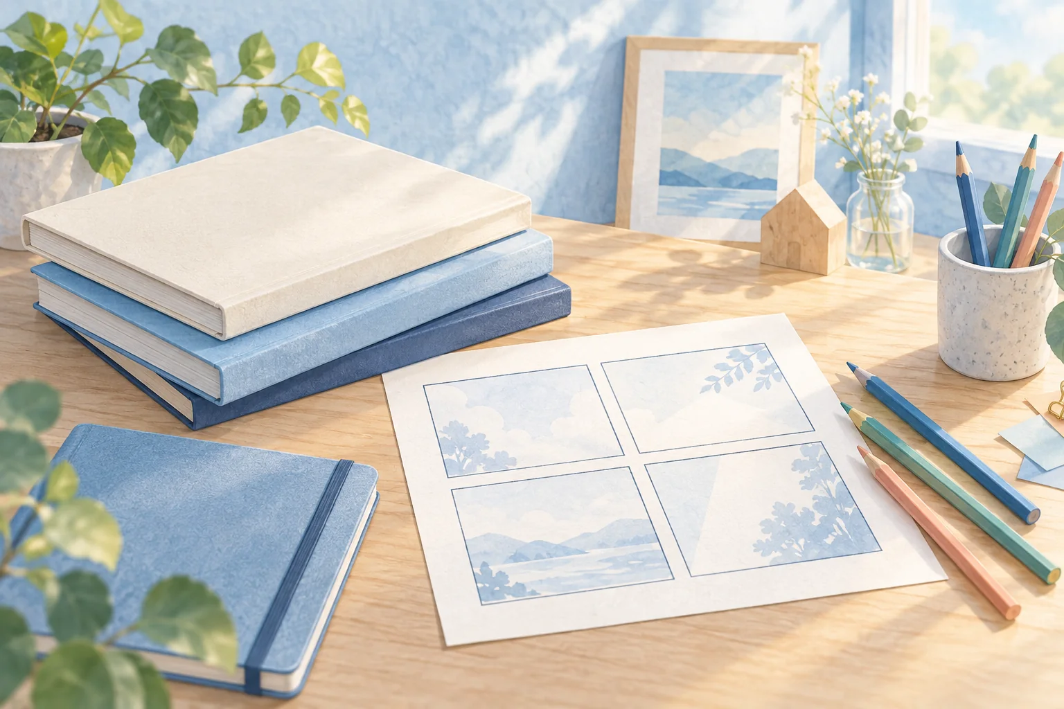 絵本、色鉛筆、4コマの下書き用紙が置かれた青い作業机のイラスト